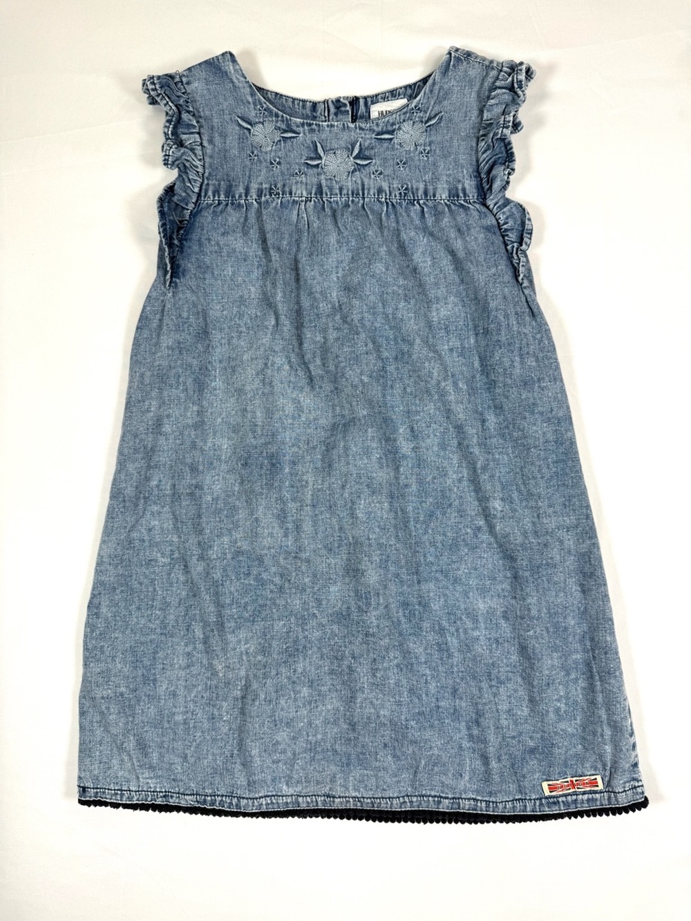 HUDSON Girls Chambray Denim Dress Embroidered Ruffle Sleeves Blue Size 6X